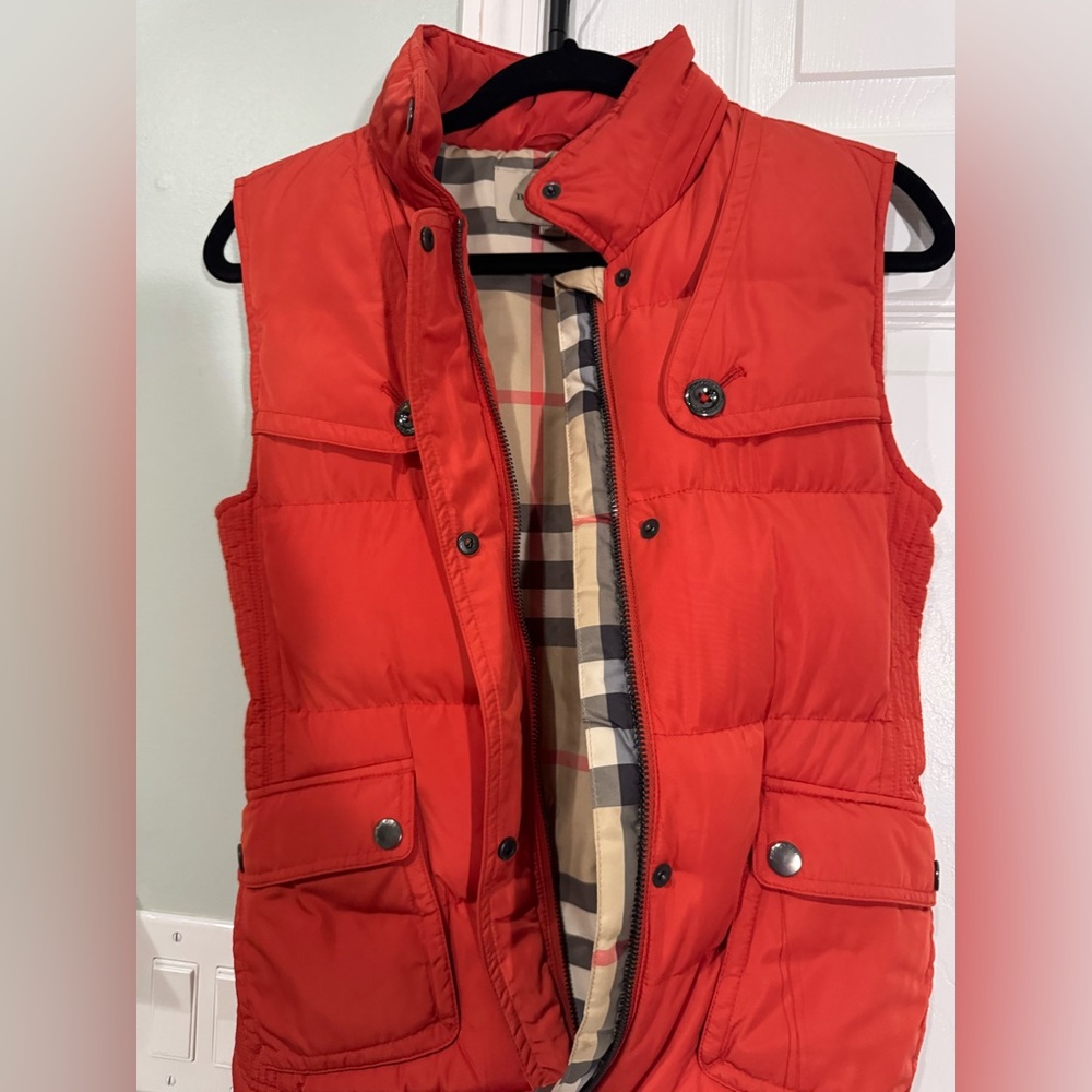 Burberry Junior Dark Orange Vest with belt. Plaid interior